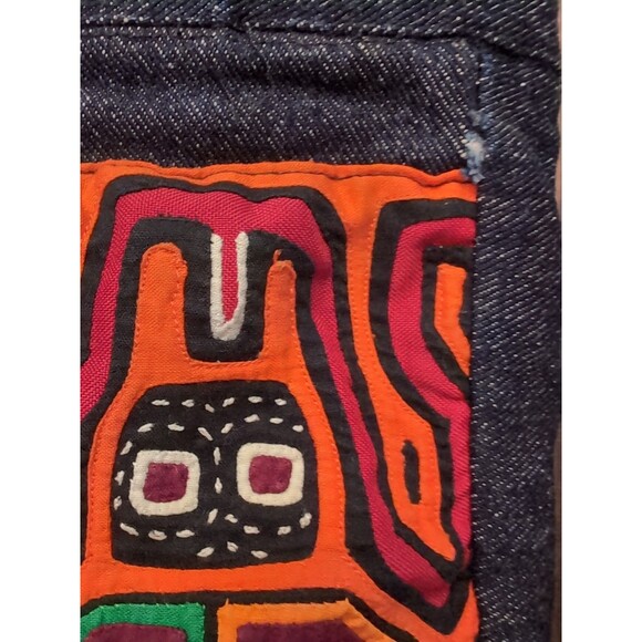 Panama KUNA MOLA Colorful Two Frogs Folk Art Hand Sewn Denim backpack Boho Artsy - Picture 6 of 8